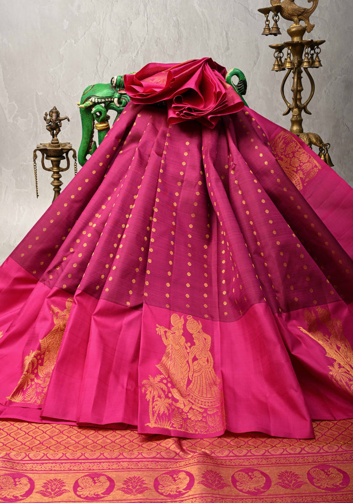 Pansy Purple Kanjivaram Pure Silk Saree with zari Butti and Distinct Radha Krishna Motifs on Border | SILK MARK CERTIFIED