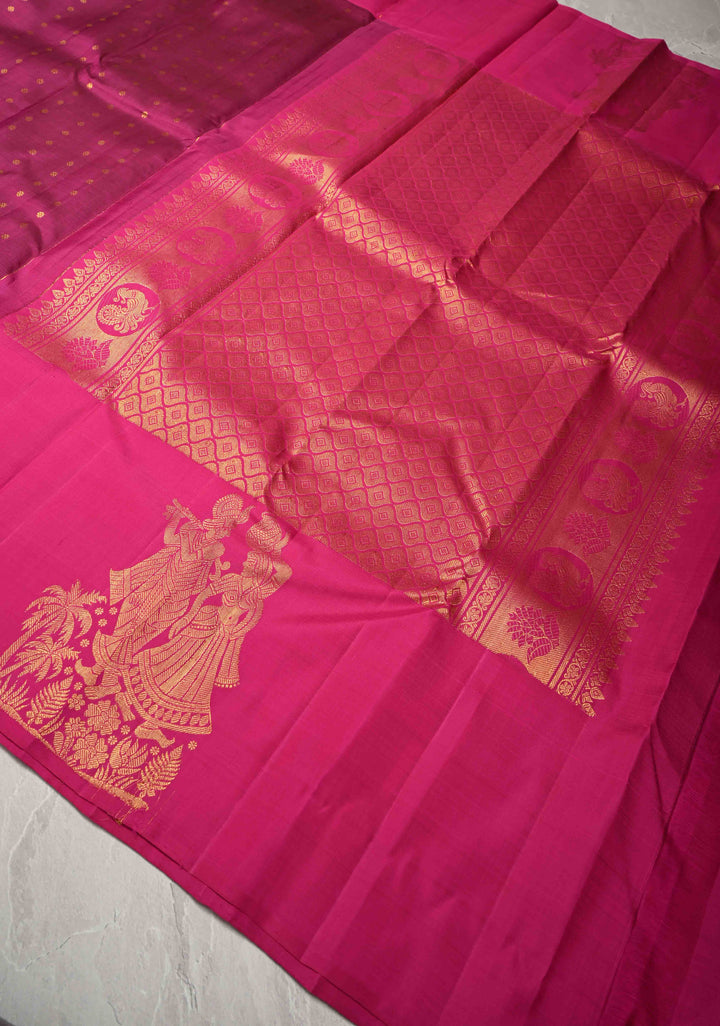 Pansy Purple Kanjivaram Pure Silk Saree with zari Butti and Distinct Radha Krishna Motifs on Border | SILK MARK CERTIFIED