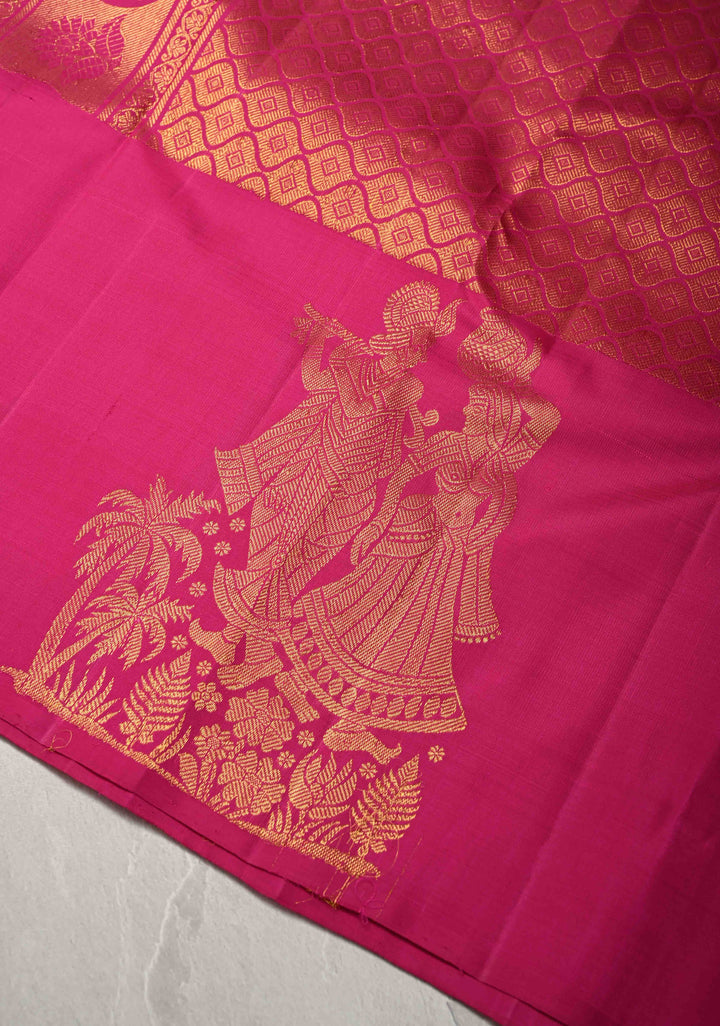 Pansy Purple Kanjivaram Pure Silk Saree with zari Butti and Distinct Radha Krishna Motifs on Border | SILK MARK CERTIFIED