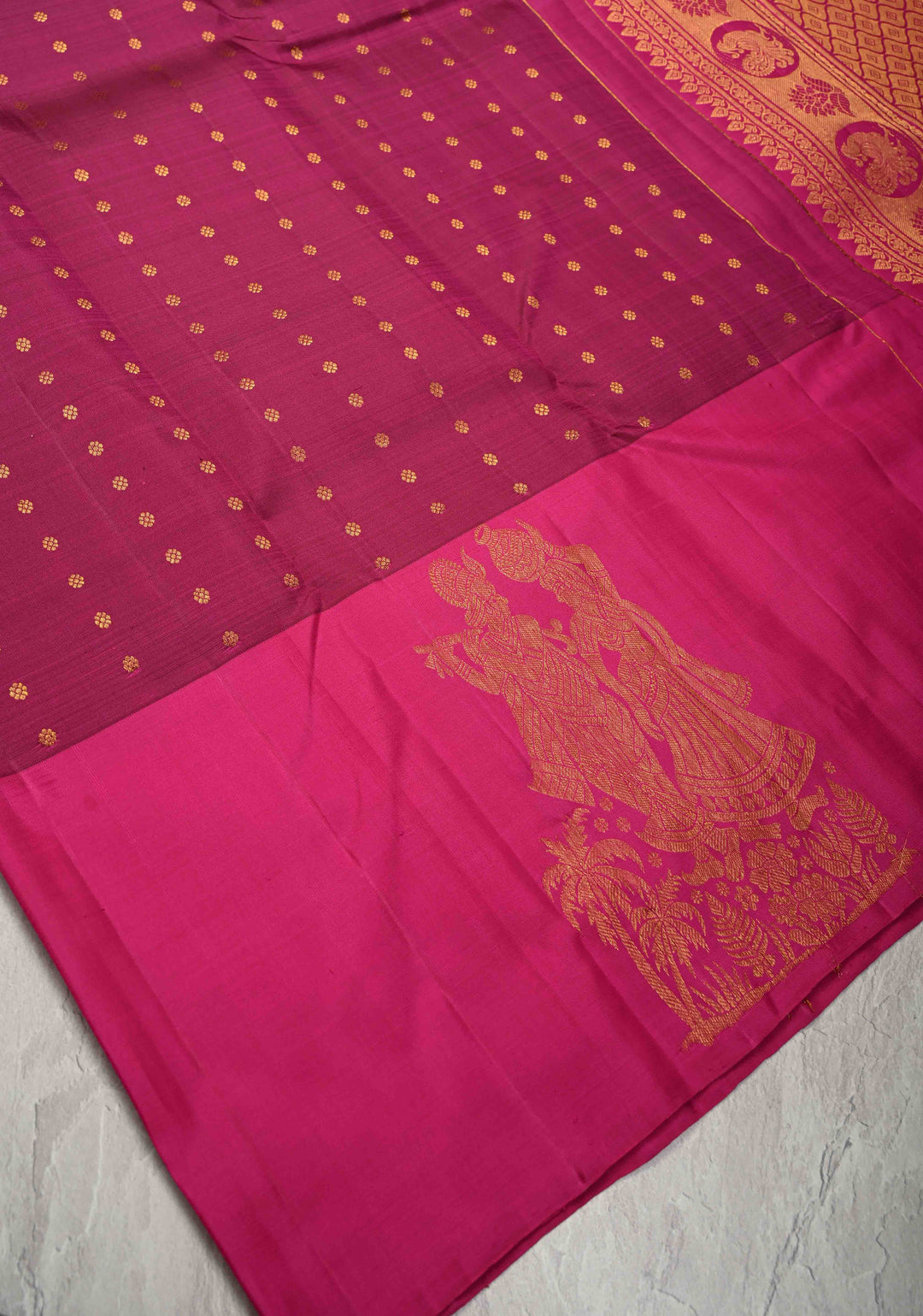 Pansy Purple Kanjivaram Pure Silk Saree with zari Butti and Distinct Radha Krishna Motifs on Border | SILK MARK CERTIFIED