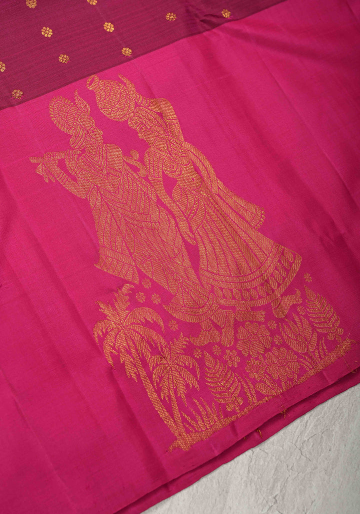 Pansy Purple Kanjivaram Pure Silk Saree with zari Butti and Distinct Radha Krishna Motifs on Border | SILK MARK CERTIFIED
