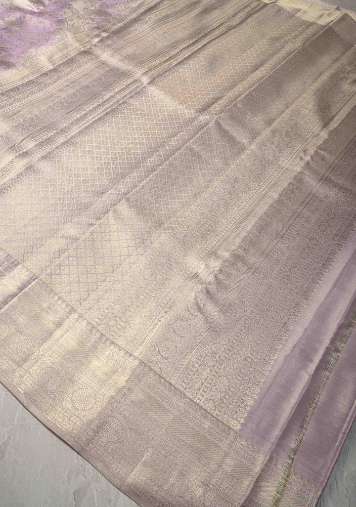 Lilac Floral Brocade Kanjivaram Pure Silk Saree with Zari Border | SILK MARK CERTIFIED