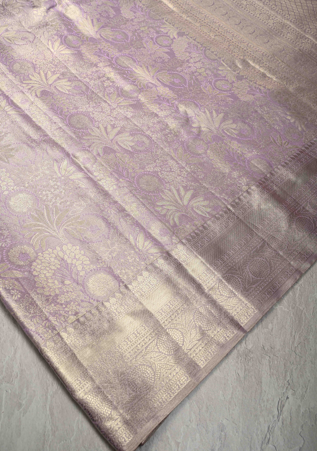 Lilac Floral Brocade Kanjivaram Pure Silk Saree with Zari Border | SILK MARK CERTIFIED