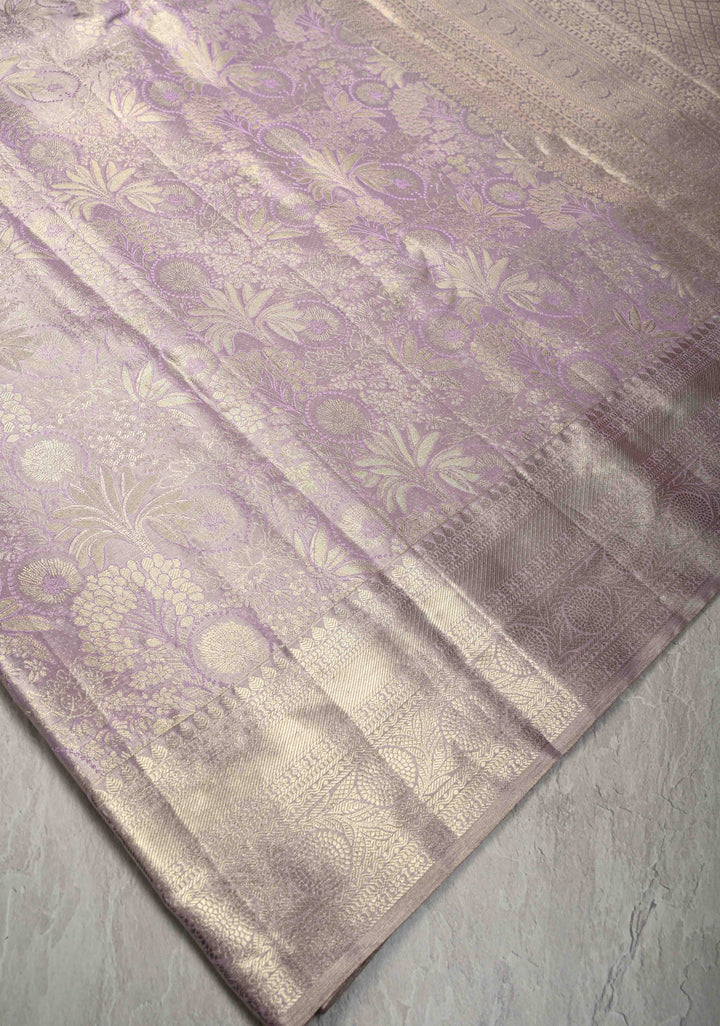 Lilac Floral Brocade Kanjivaram Pure Silk Saree with Zari Border | SILK MARK CERTIFIED