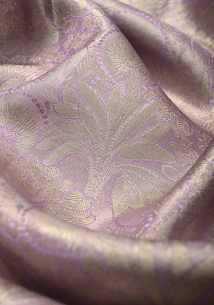 Lilac Floral Brocade Kanjivaram Pure Silk Saree with Zari Border | SILK MARK CERTIFIED
