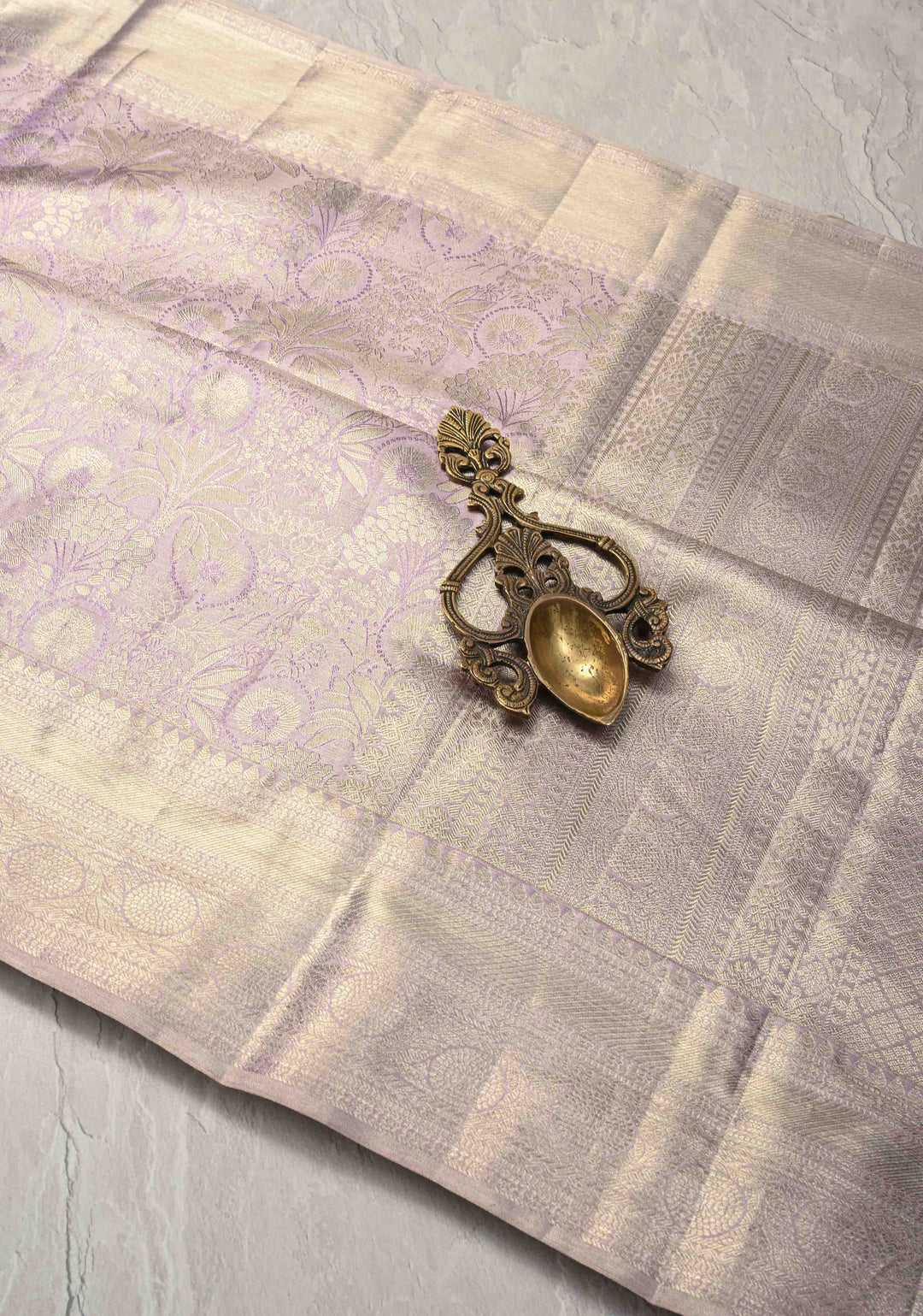 Lilac Floral Brocade Kanjivaram Pure Silk Saree with Zari Border | SILK MARK CERTIFIED