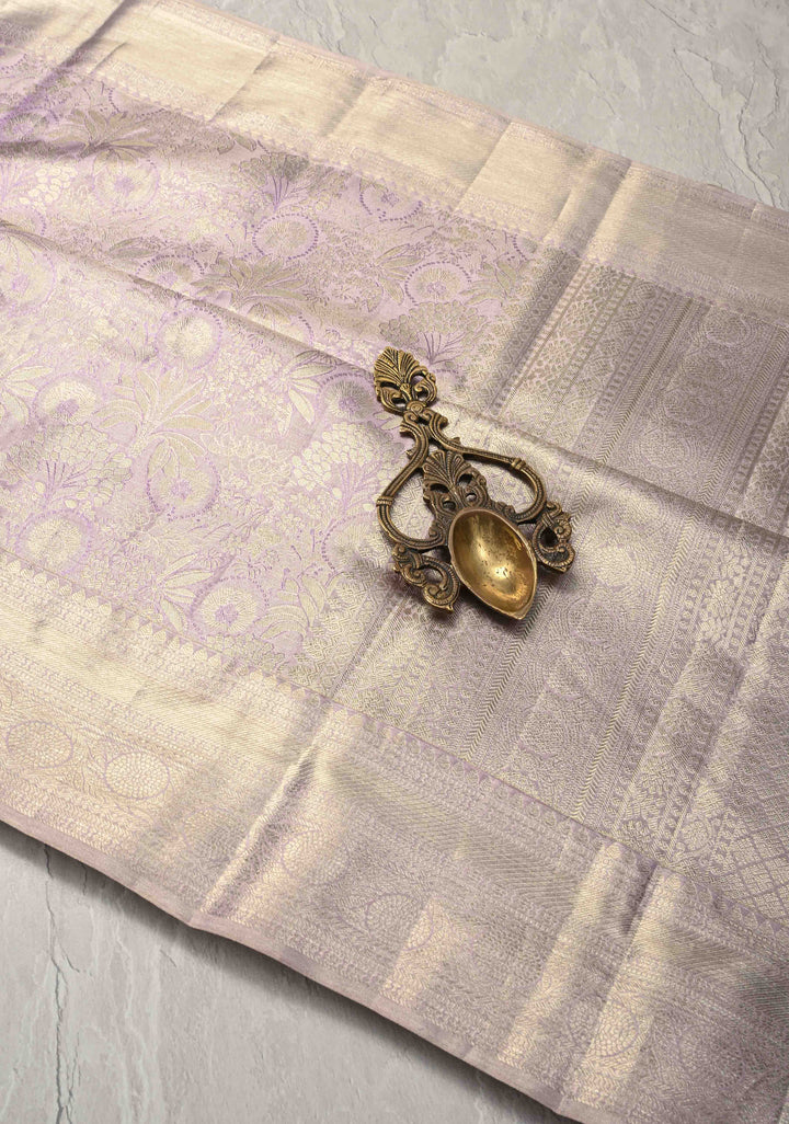 Lilac Floral Brocade Kanjivaram Pure Silk Saree with Zari Border | SILK MARK CERTIFIED
