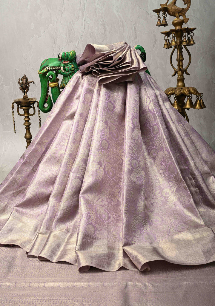 Lilac Floral Brocade Kanjivaram Pure Silk Saree with Zari Border | SILK MARK CERTIFIED