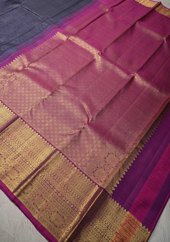 Navy Blue Pure Kanjivaram Silk Saree with Vertical Zari Stripes and Contrast Zari Border | SILK MARK CERTIFIED