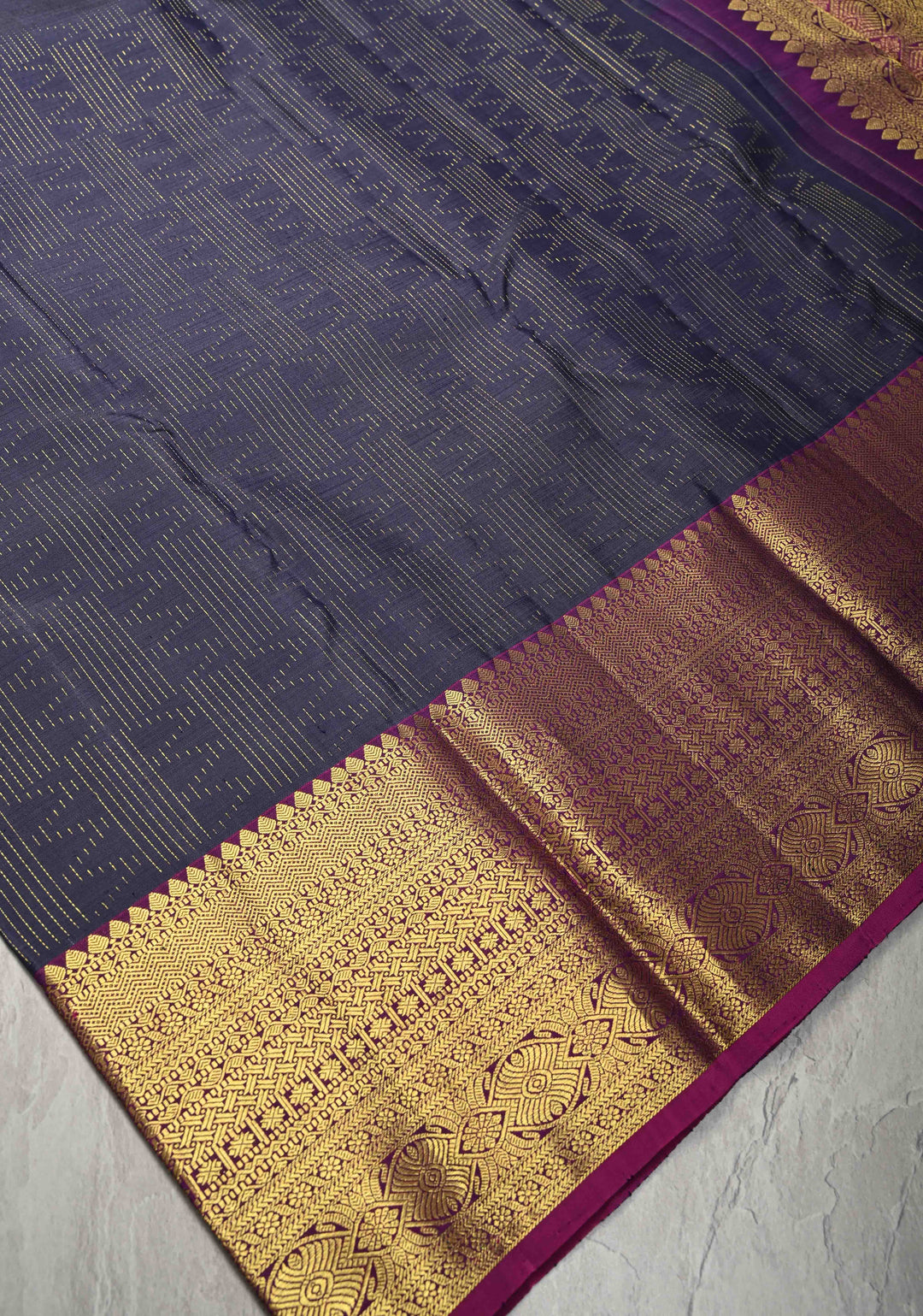 Navy Blue Pure Kanjivaram Silk Saree with Vertical Zari Stripes and Contrast Zari Border | SILK MARK CERTIFIED
