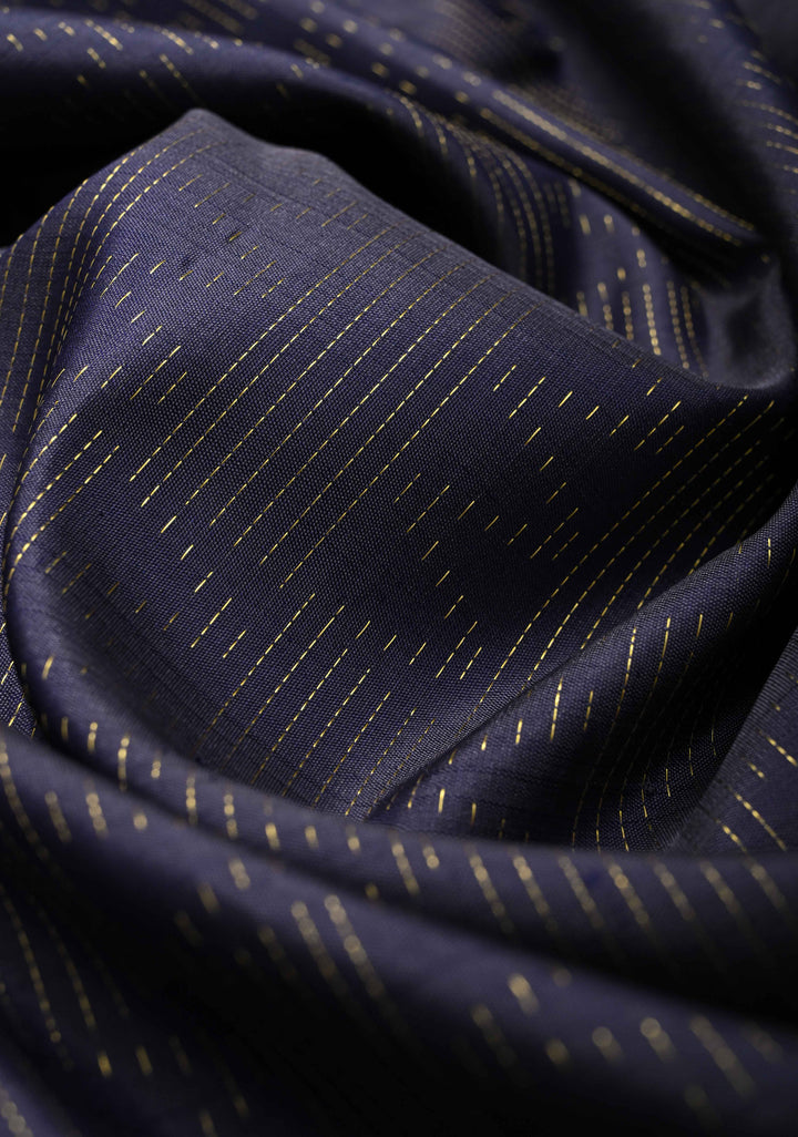 Navy Blue Pure Kanjivaram Silk Saree with Vertical Zari Stripes and Contrast Zari Border | SILK MARK CERTIFIED