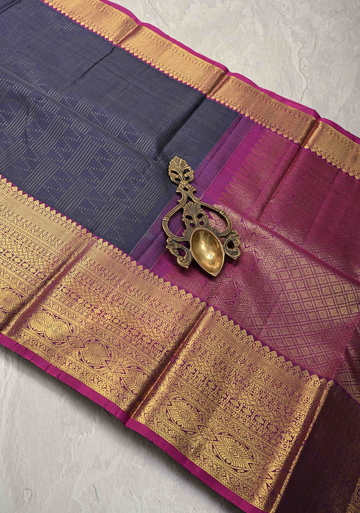 Navy Blue Pure Kanjivaram Silk Saree with Vertical Zari Stripes and Contrast Zari Border | SILK MARK CERTIFIED