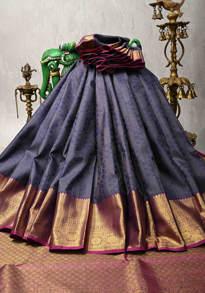 Navy Blue Pure Kanjivaram Silk Saree with Vertical Zari Stripes and Contrast Zari Border | SILK MARK CERTIFIED