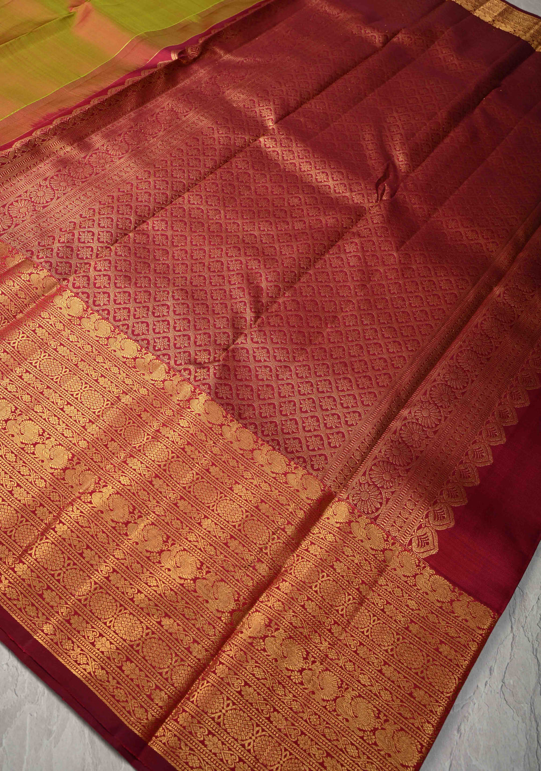 Green Gold Dual tone Pure Kanjivaram Silk Saree with Mandala Motifs and Wide Zari Border | SILK MARK CERTIFIED