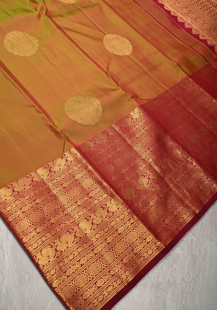 Green Gold Dual tone Pure Kanjivaram Silk Saree with Mandala Motifs and Wide Zari Border | SILK MARK CERTIFIED