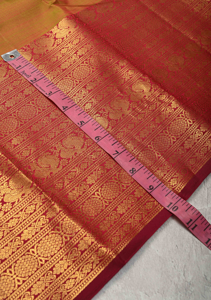Green Gold Dual tone Pure Kanjivaram Silk Saree with Mandala Motifs and Wide Zari Border | SILK MARK CERTIFIED