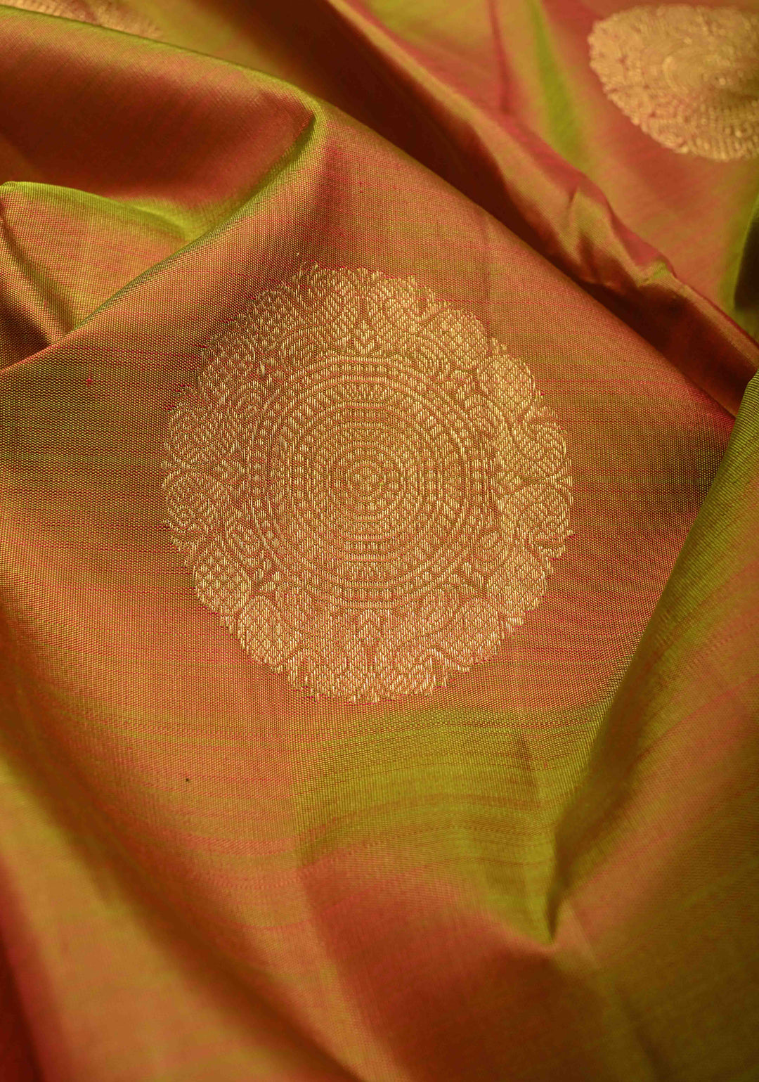 Green Gold Dual tone Pure Kanjivaram Silk Saree with Mandala Motifs and Wide Zari Border | SILK MARK CERTIFIED