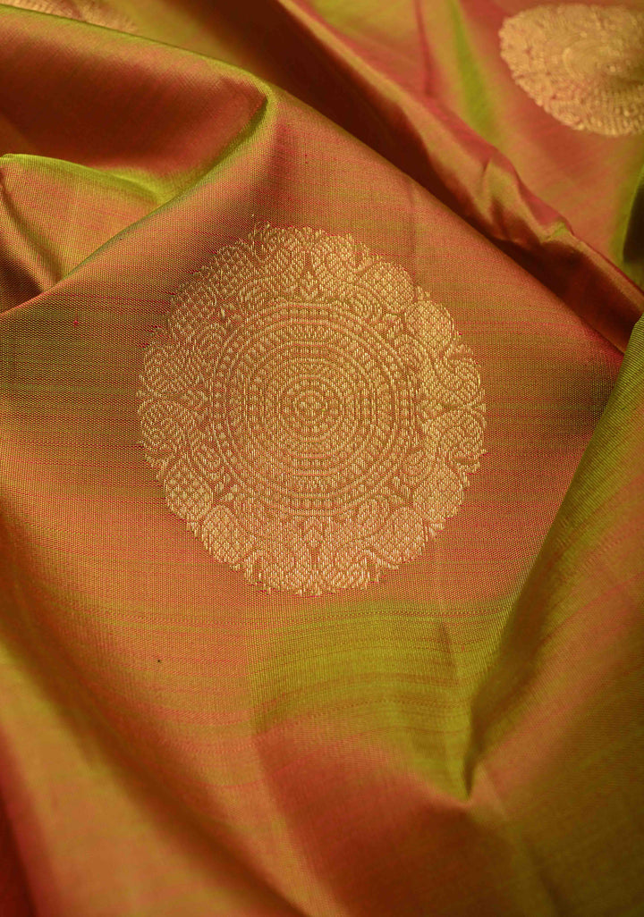 Green Gold Dual tone Pure Kanjivaram Silk Saree with Mandala Motifs and Wide Zari Border | SILK MARK CERTIFIED