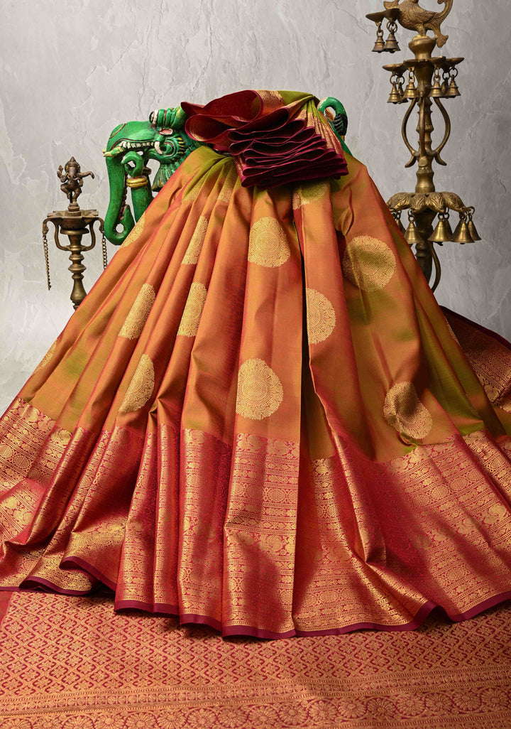 Green Gold Dual tone Pure Kanjivaram Silk Saree with Mandala Motifs and Wide Zari Border | SILK MARK CERTIFIED