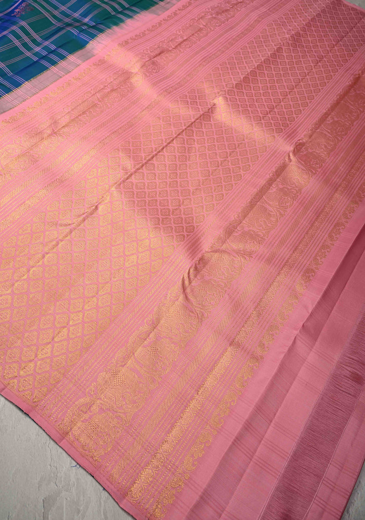 Blue Dual Tone Borderless Checks and  Meena Zari Buttas Pure  Kanjivaram Silk Saree with Contrast Pallu   | SILK MARK CERTIFIED