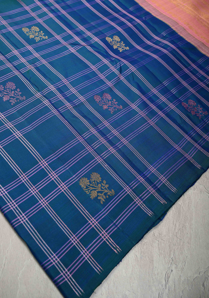 Blue Dual Tone Borderless Checks and  Meena Zari Buttas Pure  Kanjivaram Silk Saree with Contrast Pallu   | SILK MARK CERTIFIED