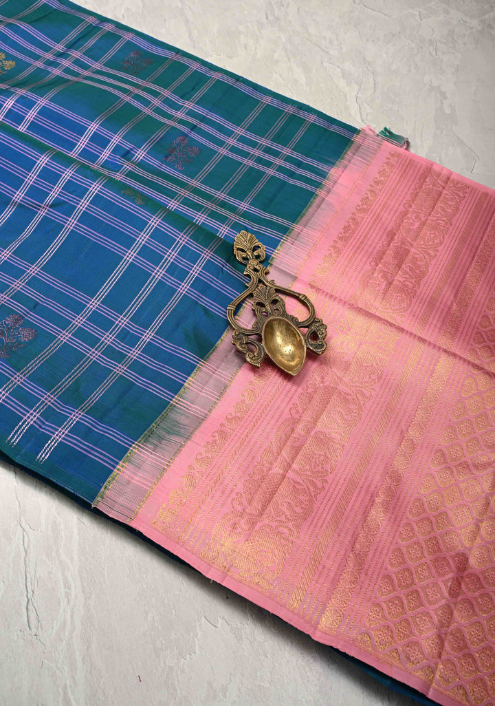 Blue Dual Tone Borderless Checks and  Meena Zari Buttas Pure  Kanjivaram Silk Saree with Contrast Pallu   | SILK MARK CERTIFIED