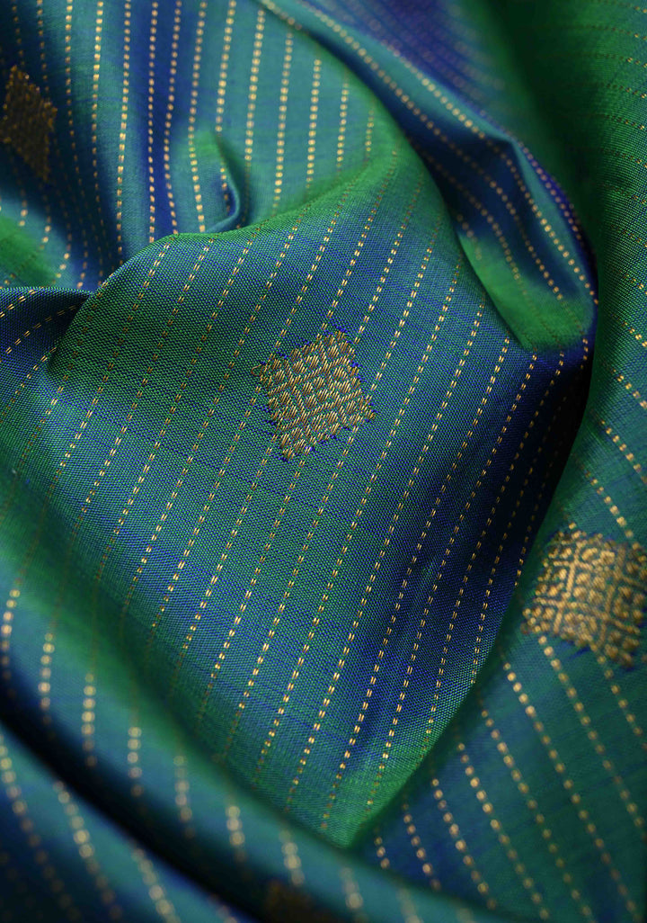 Peacock Blue Dual Tone Pure Kanjivaram Silk Saree with Vertical Stripes Zari Buttas and Contrast Zari Border | SILK MARK CERTIFIED