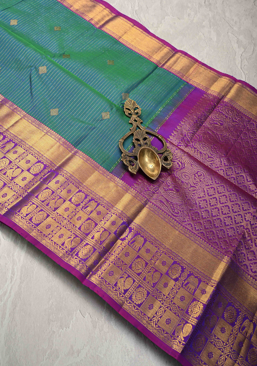 Peacock Blue Dual Tone Pure Kanjivaram Silk Saree with Vertical Stripes Zari Buttas and Contrast Zari Border | SILK MARK CERTIFIED