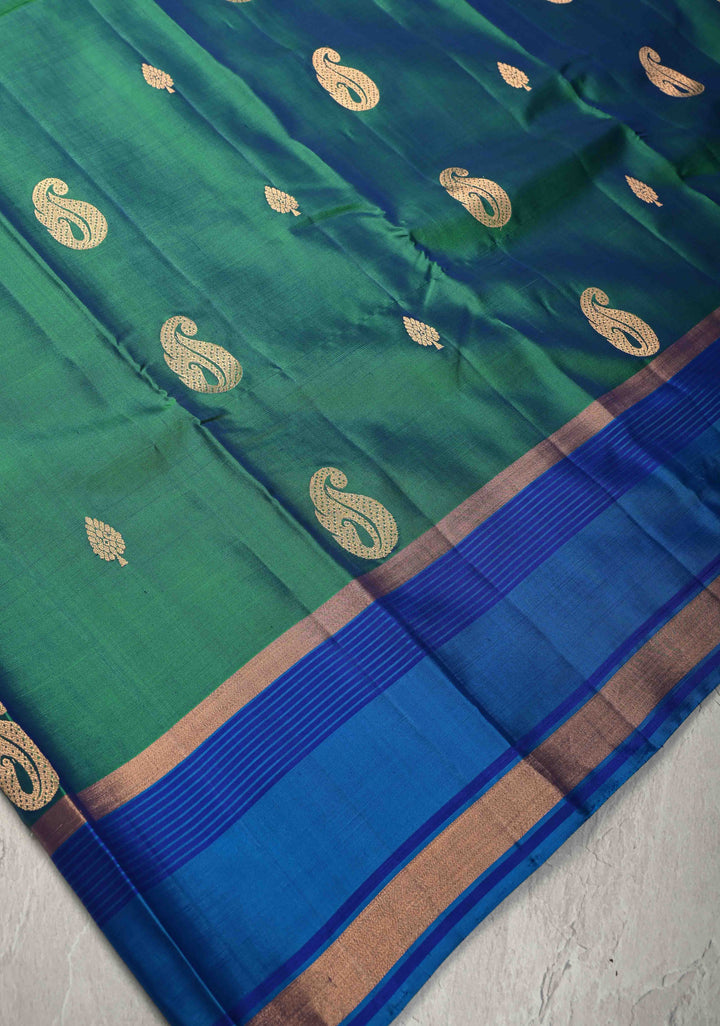Green Dual Tone Kanjivaram Soft Silk Saree with Zari Buttas and Contrast Jari Border | SILK MARK CERTIFIED
