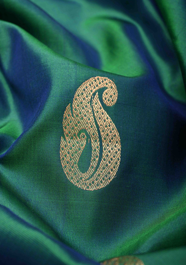 Green Dual Tone Kanjivaram Soft Silk Saree with Zari Buttas and Contrast Jari Border | SILK MARK CERTIFIED