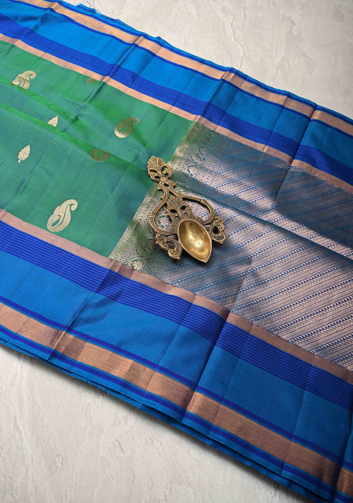 Green Dual Tone Kanjivaram Soft Silk Saree with Zari Buttas and Contrast Jari Border | SILK MARK CERTIFIED