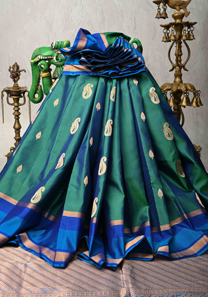 Green Dual Tone Kanjivaram Soft Silk Saree with Zari Buttas and Contrast Jari Border | SILK MARK CERTIFIED