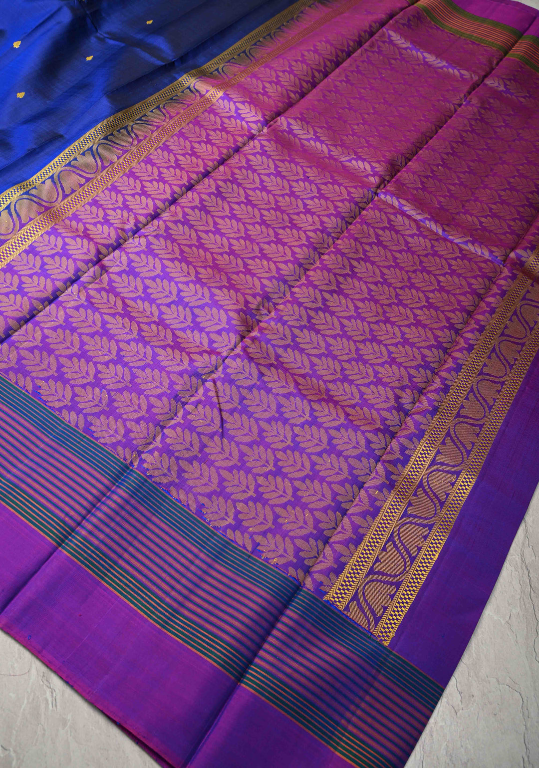 Blue Kanjivaram Soft Silk Saree with Resham Buttas and Contrast panel Border | SILK MARK CERTIFIED