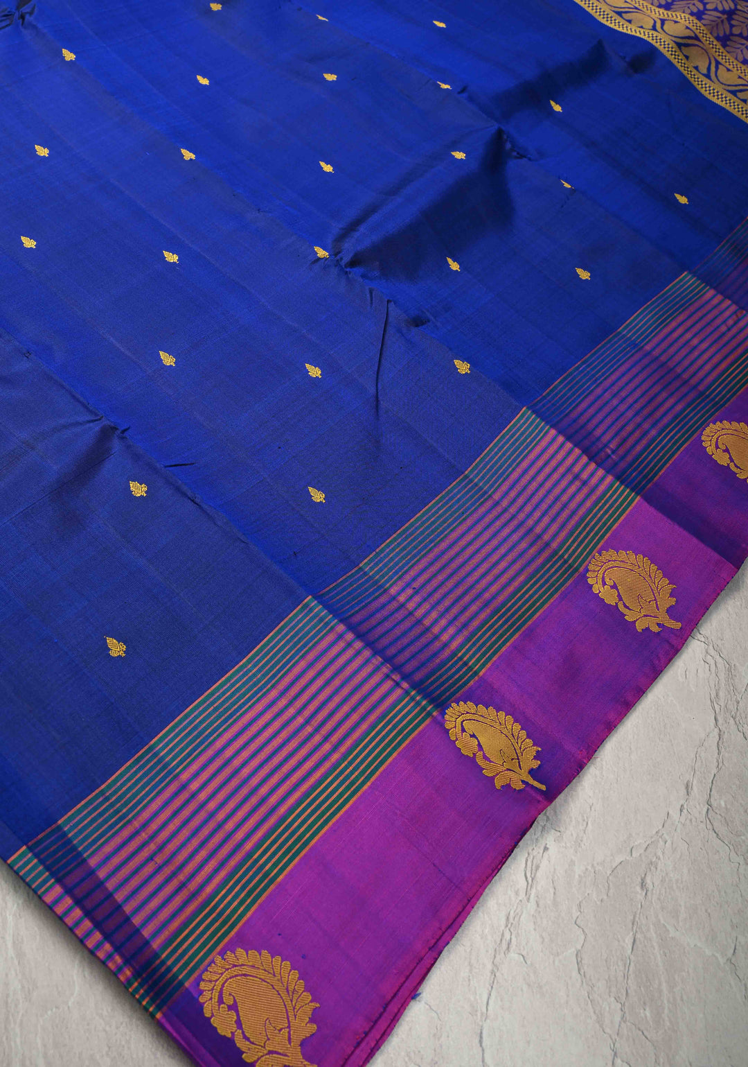 Blue Kanjivaram Soft Silk Saree with Resham Buttas and Contrast panel Border | SILK MARK CERTIFIED