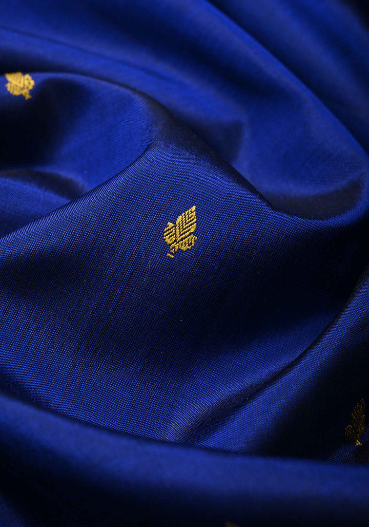 Blue Kanjivaram Soft Silk Saree with Resham Buttas and Contrast panel Border | SILK MARK CERTIFIED