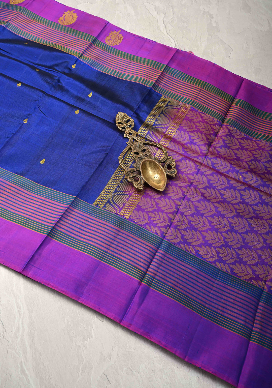 Blue Kanjivaram Soft Silk Saree with Resham Buttas and Contrast panel Border | SILK MARK CERTIFIED