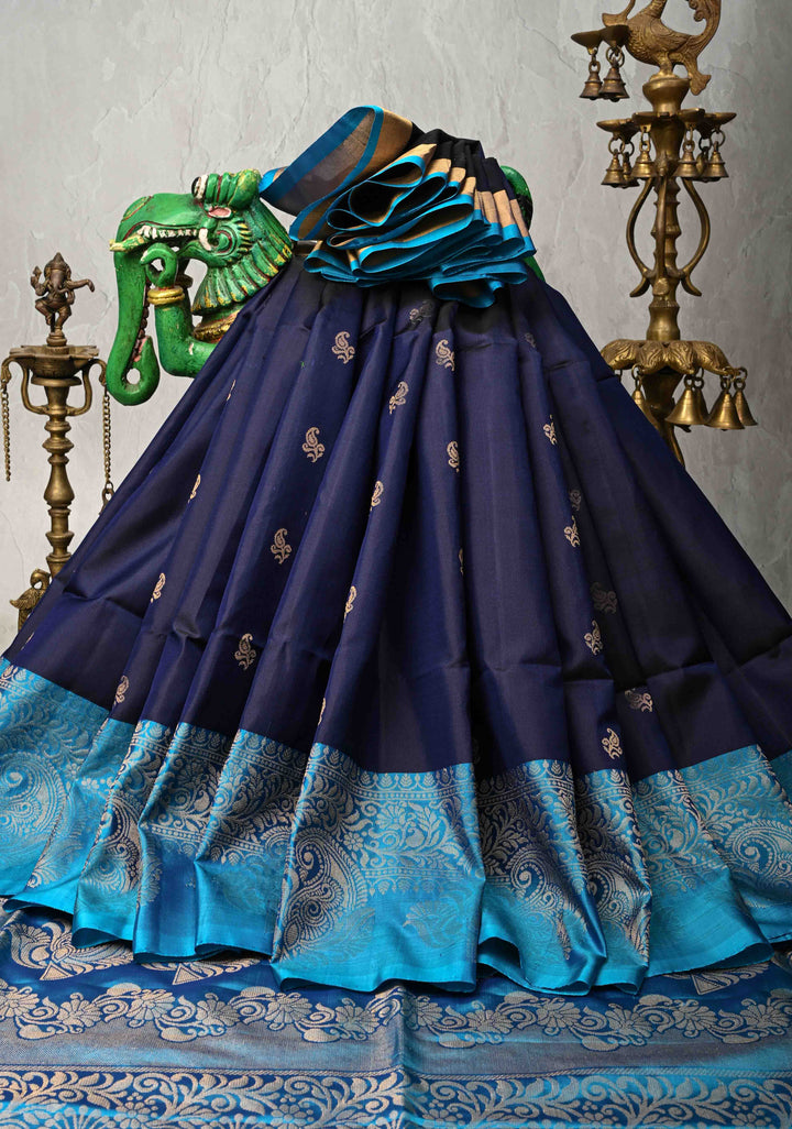 Midnight Blue Kanjivaram Soft Silk Saree with Paisley Buttas and Contrast Zari Border | SILK MARK CERTIFIED