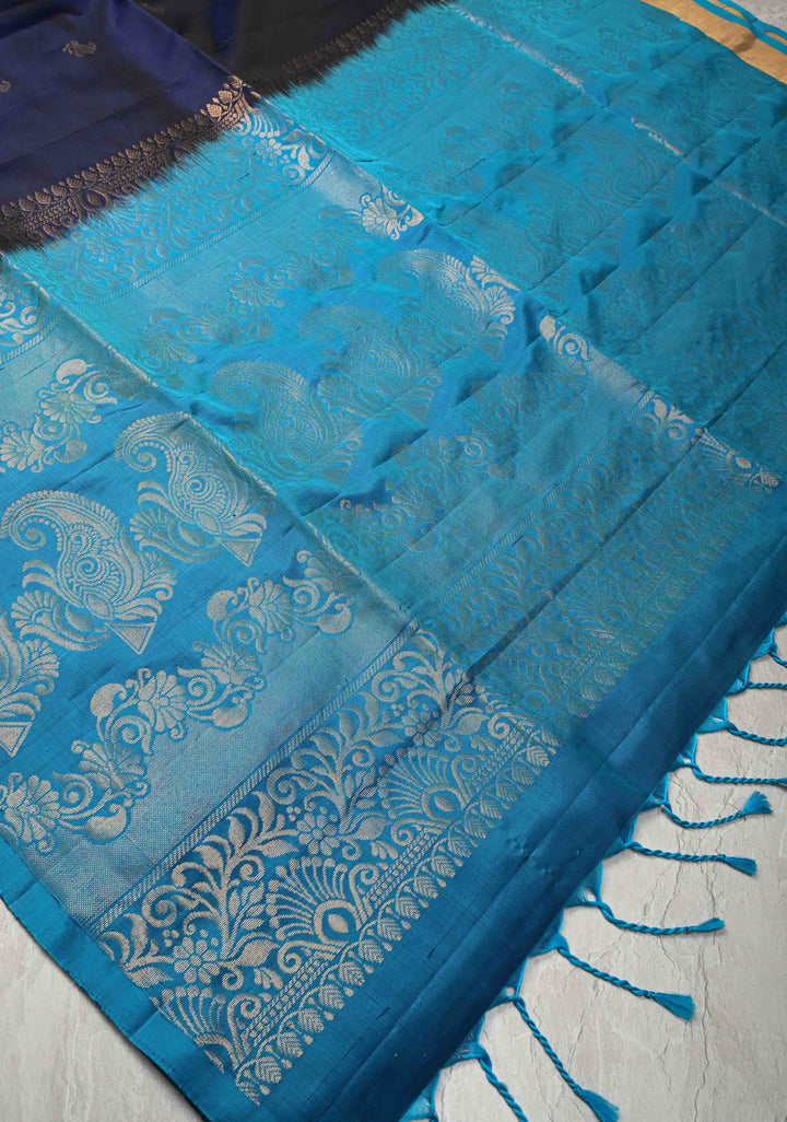 Midnight Blue Kanjivaram Soft Silk Saree with Paisley Buttas and Contrast Zari Border | SILK MARK CERTIFIED