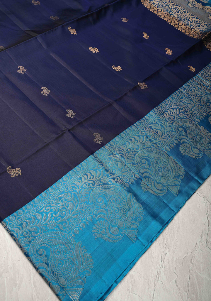 Midnight Blue Kanjivaram Soft Silk Saree with Paisley Buttas and Contrast Zari Border | SILK MARK CERTIFIED