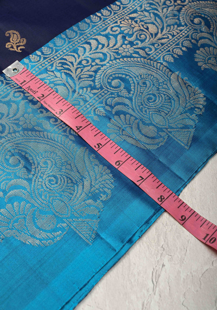 Midnight Blue Kanjivaram Soft Silk Saree with Paisley Buttas and Contrast Zari Border | SILK MARK CERTIFIED