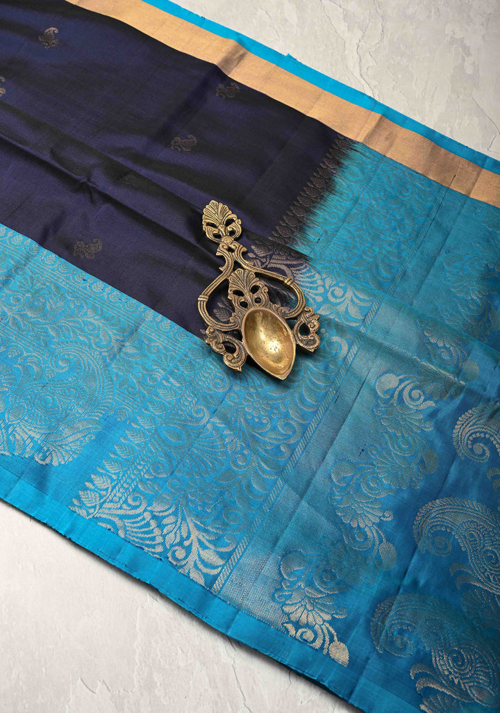 Midnight Blue Kanjivaram Soft Silk Saree with Paisley Buttas and Contrast Zari Border | SILK MARK CERTIFIED