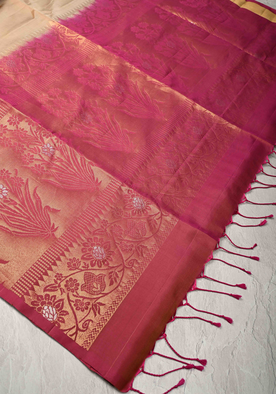 Light Brown Kanjivaram Soft Silk Saree with Zari Buttas and Contrast Jari Border | SILK MARK CERTIFIED