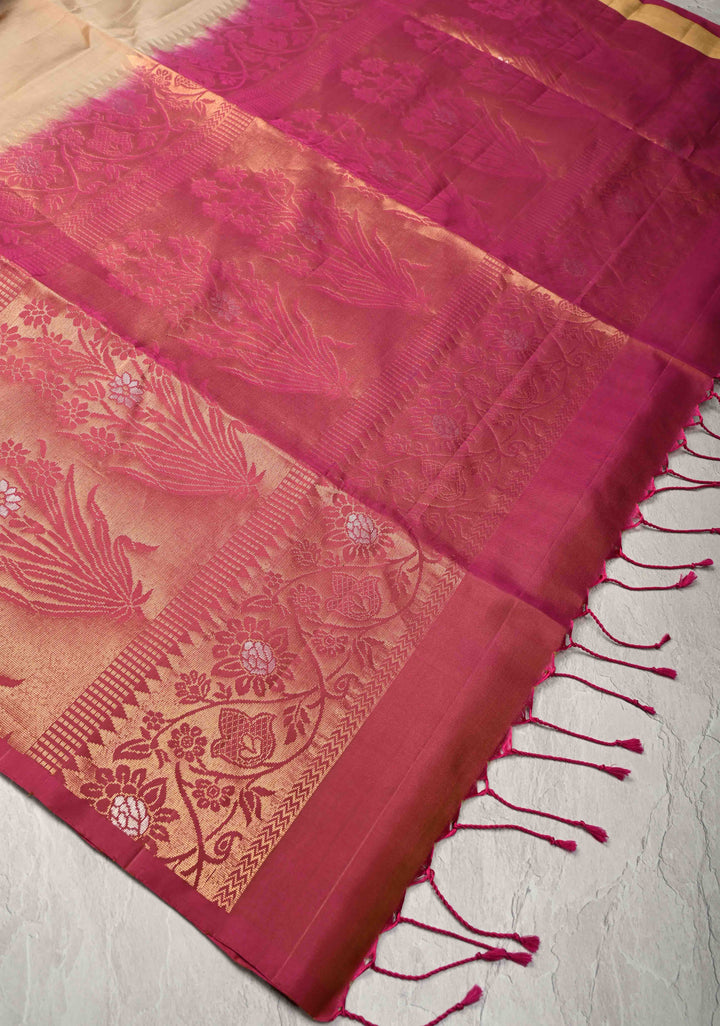 Light Brown Kanjivaram Soft Silk Saree with Zari Buttas and Contrast Jari Border | SILK MARK CERTIFIED