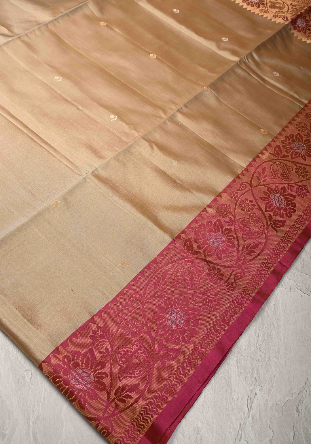 Light Brown Kanjivaram Soft Silk Saree with Zari Buttas and Contrast Jari Border | SILK MARK CERTIFIED