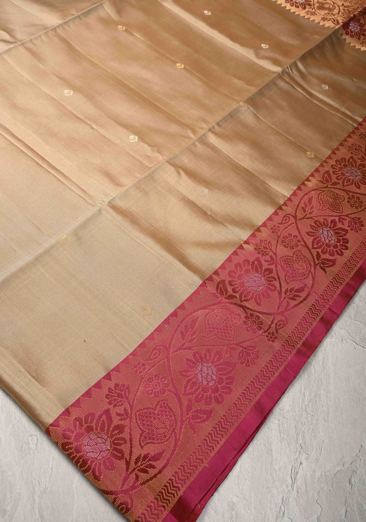 Light Brown Kanjivaram Soft Silk Saree with Zari Buttas and Contrast Jari Border | SILK MARK CERTIFIED