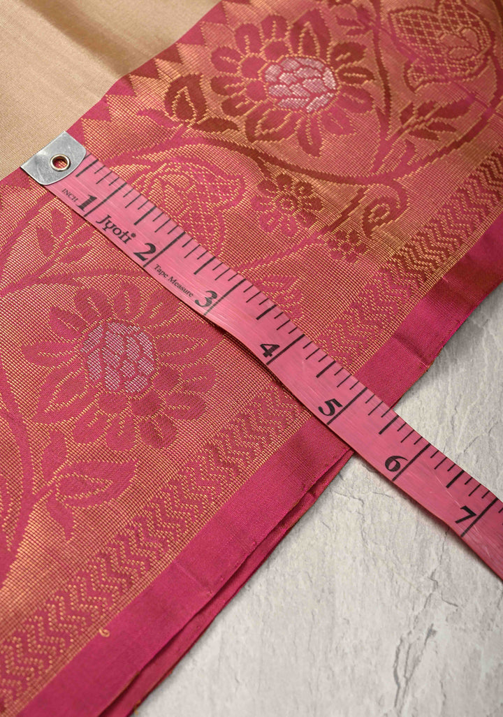 Light Brown Kanjivaram Soft Silk Saree with Zari Buttas and Contrast Jari Border | SILK MARK CERTIFIED
