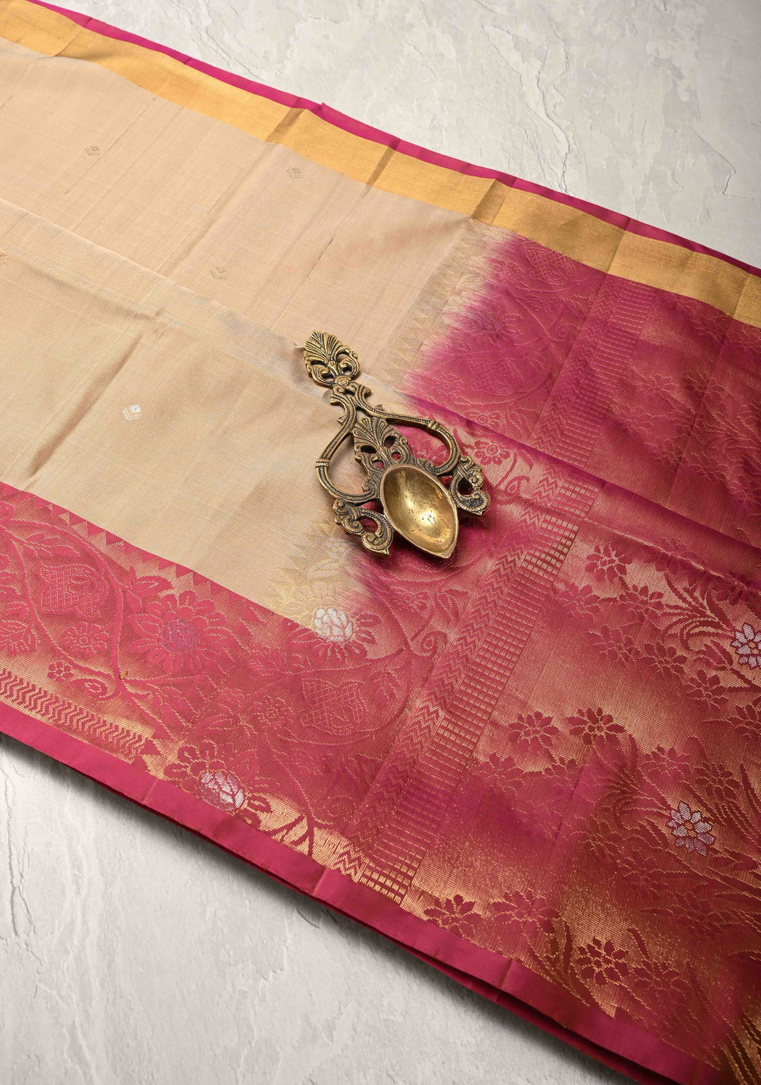 Light Brown Kanjivaram Soft Silk Saree with Zari Buttas and Contrast Jari Border | SILK MARK CERTIFIED