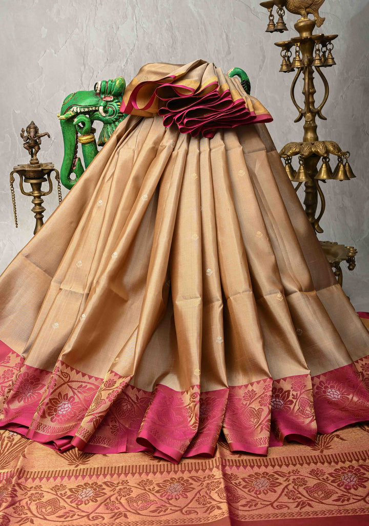 Light Brown Kanjivaram Soft Silk Saree with Zari Buttas and Contrast Jari Border | SILK MARK CERTIFIED