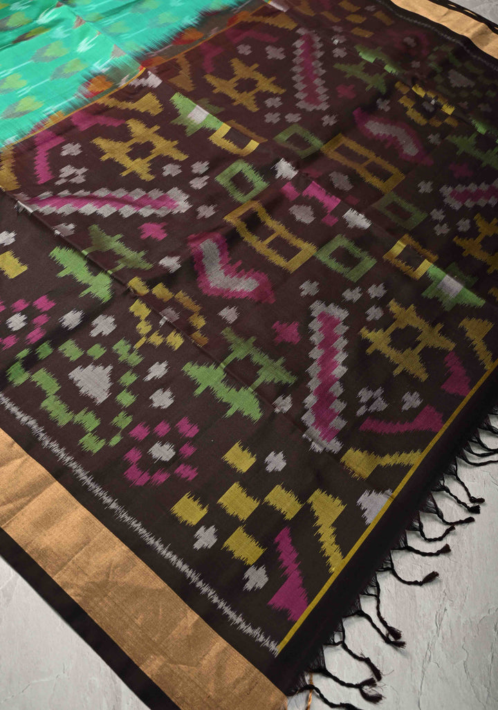 Green Kanjivaram Ikkat Soft Silk Saree with Contrast Brown Tissue Border | SILK MARK CERTIFIED