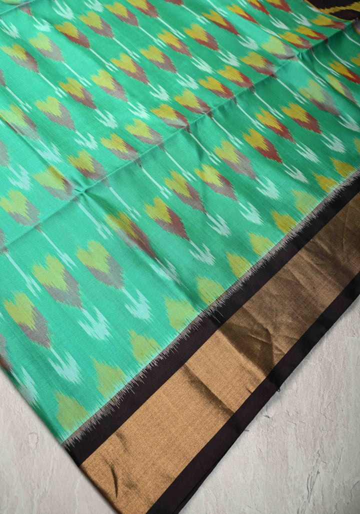 Green Kanjivaram Ikkat Soft Silk Saree with Contrast Brown Tissue Border | SILK MARK CERTIFIED